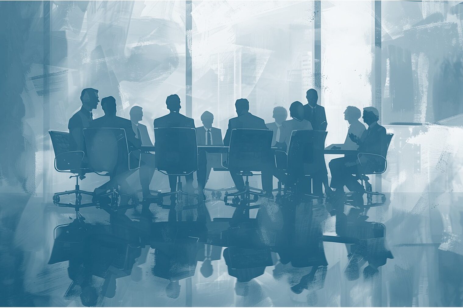 Silhouetten mehrerer Menschen sitzen an einem Konferenztisch, umgeben von kühlem blauem Licht und Fenstern