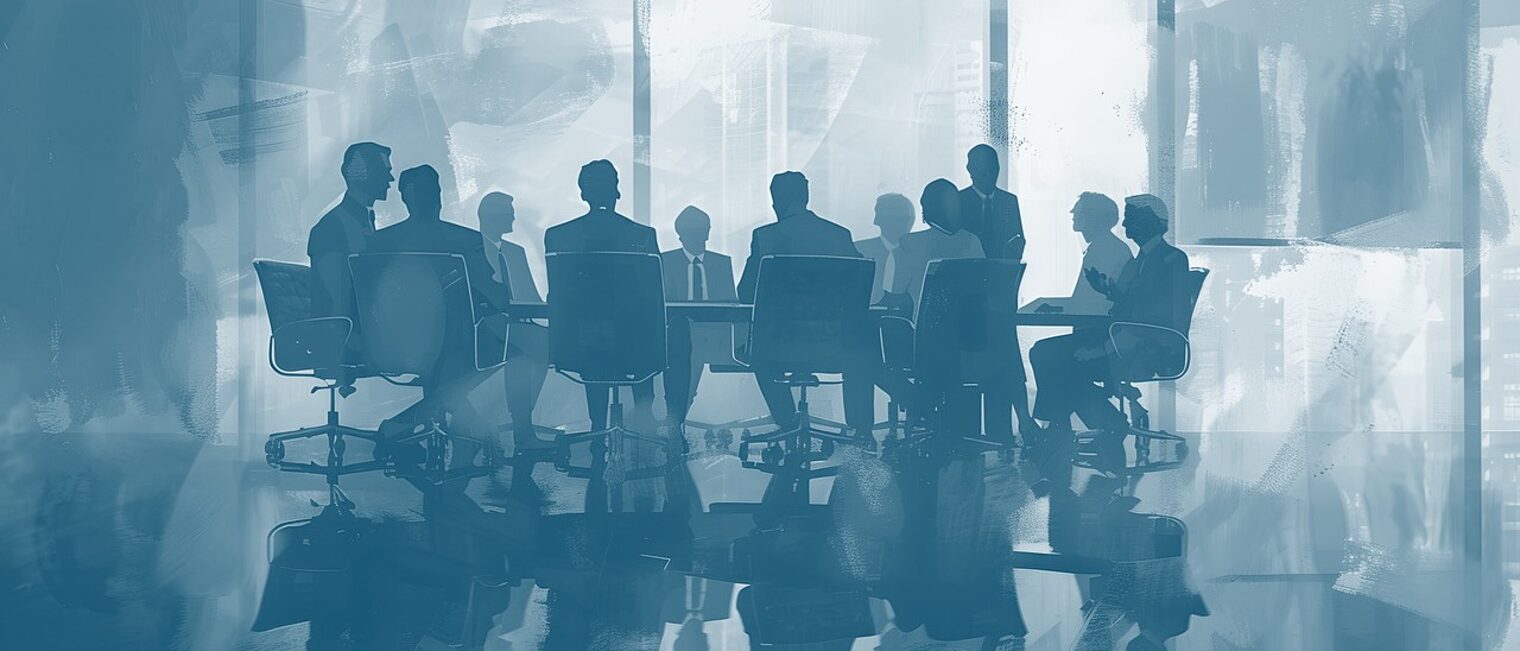 Silhouetten mehrerer Menschen sitzen an einem Konferenztisch, umgeben von kühlem blauem Licht und Fenstern