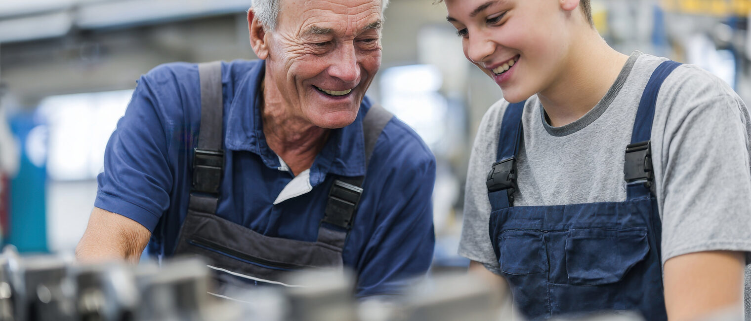Zwei Handwerker in einer Metallbauwerkstatt, der linke ist ein alter Mann, der als Ausbilder einem jungen Teenager Erklärungen gibt, beide Tragen Latzhosen und lachen