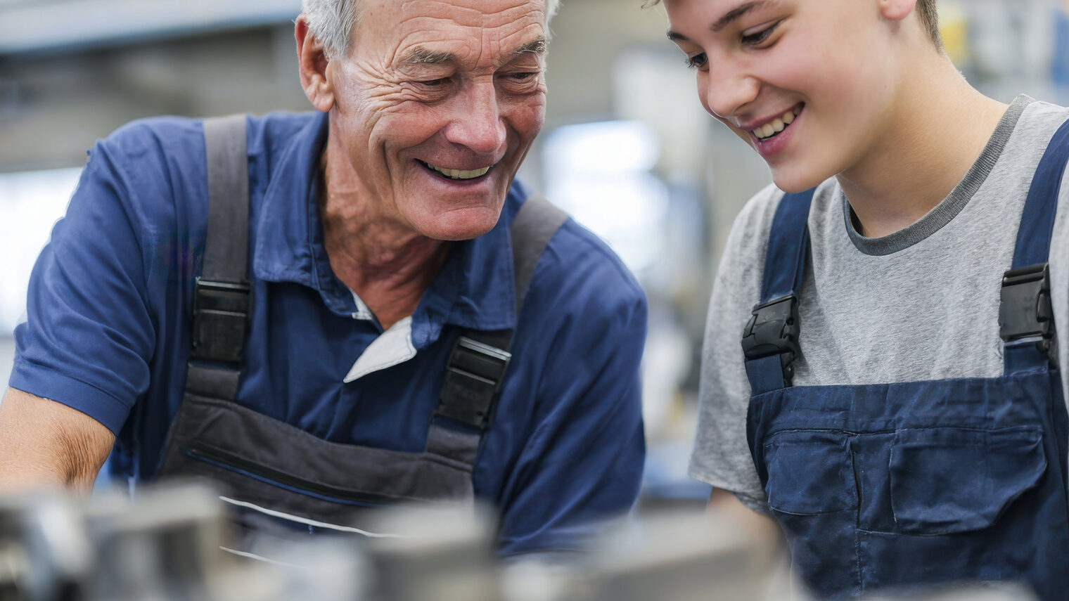Zwei Handwerker in einer Metallbauwerkstatt, der linke ist ein alter Mann, der als Ausbilder einem jungen Teenager Erklärungen gibt, beide Tragen Latzhosen und lachen