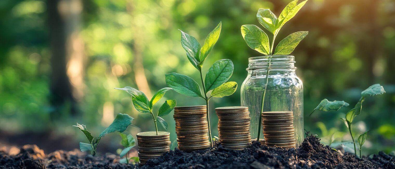 verschwommener Blick über einen Waldboden, im Vordergrund wachsen 5 grüne Sprößlinge aus der Erde, die nach rechts immer größer werden, davor Geld-Stapel, rechts sind Sprößling und Geldstapel in einem Glas