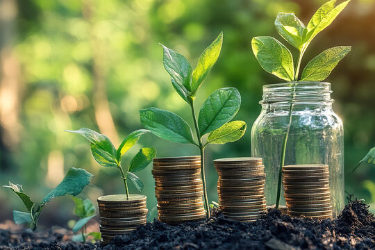 verschwommener Blick über einen Waldboden, im Vordergrund wachsen 5 grüne Sprößlinge aus der Erde, die nach rechts immer größer werden, davor Geld-Stapel, rechts sind Sprößling und Geldstapel in einem Glas