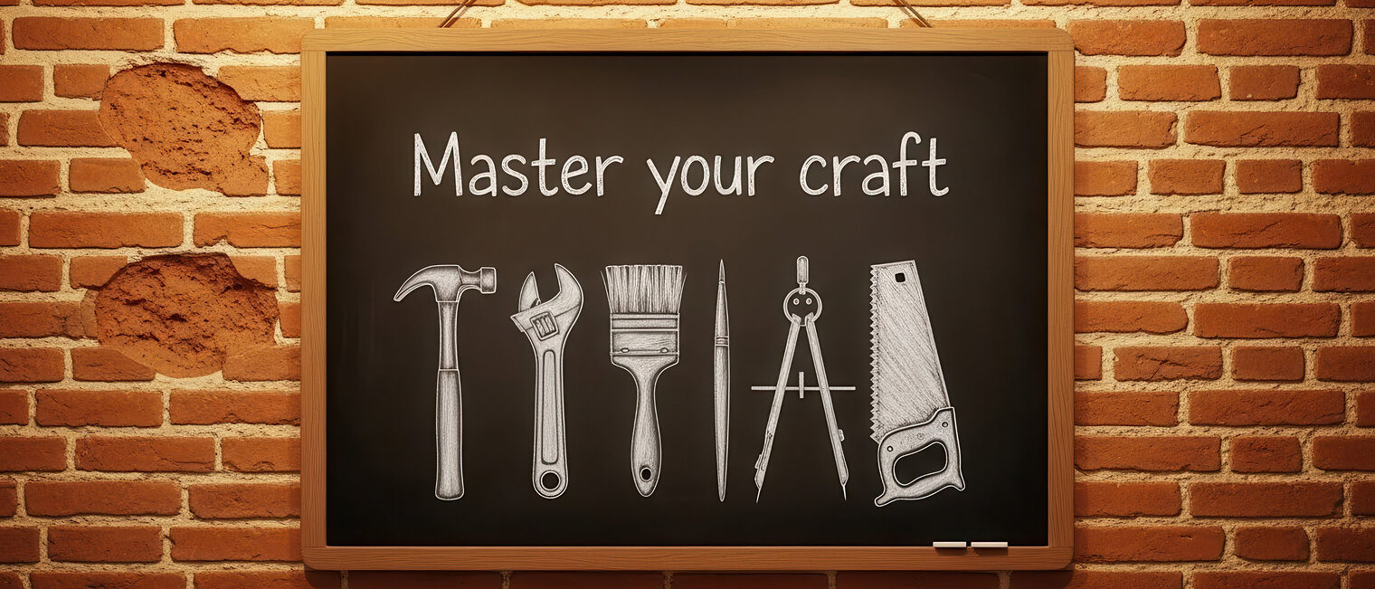 Backsteinwand mit aufgehängter Kreidetafel mit der Aufschrift "Master your craft" und mit Kreide aufgezeichneten Werkzeugen wie Hammer, Zange, Pinsel, Zirkel und Säge.