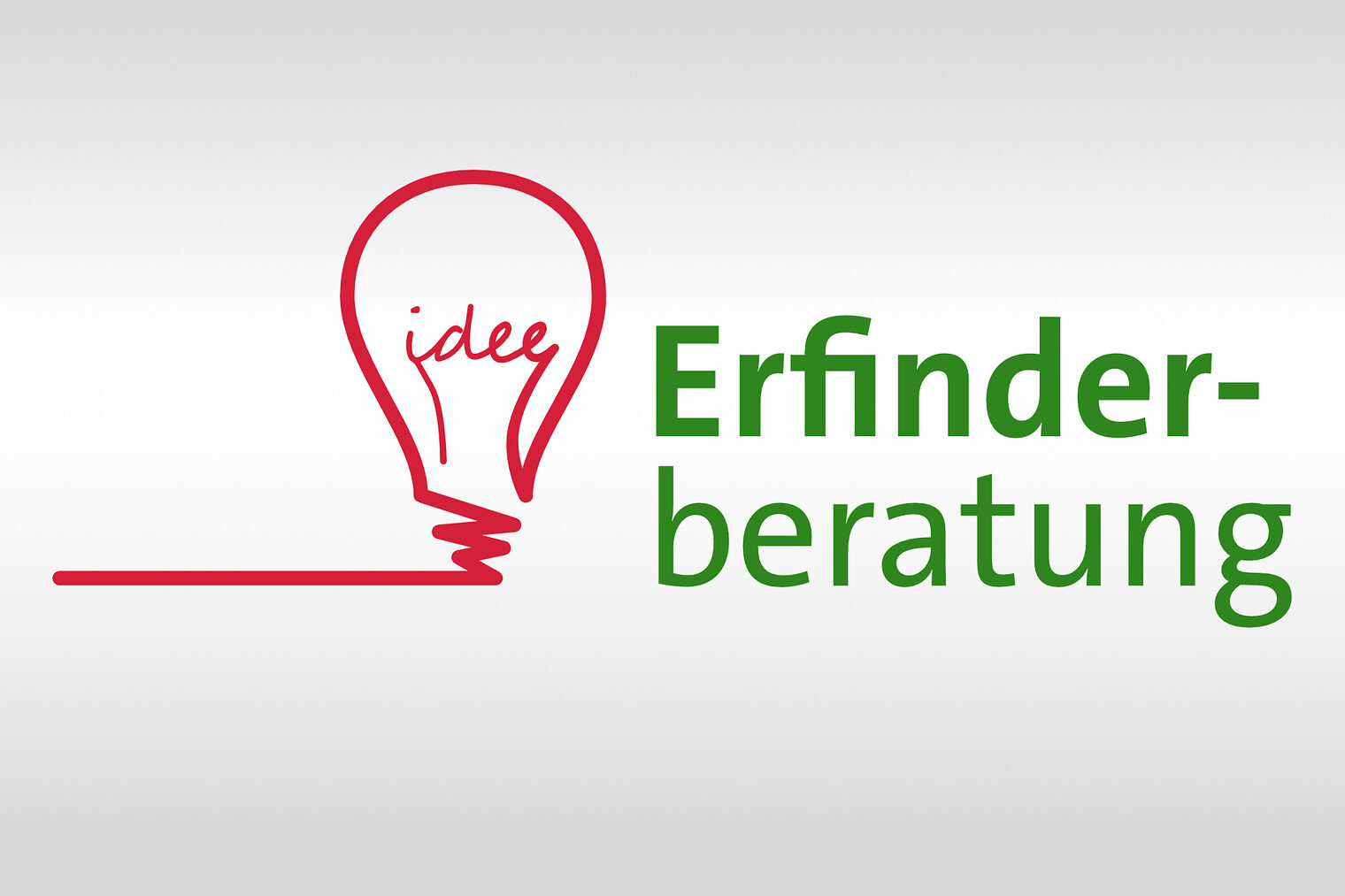 Logo „Erfinderberatung“: rote Glühbirne mit „idee“, grüner Schriftzug auf hellem Hintergrund.