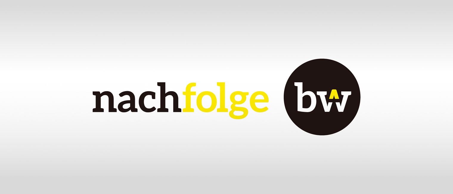 Logo "nachfolge bw" nachfolge in schwarz und gelb. um bw ein schwarzer Kreis 