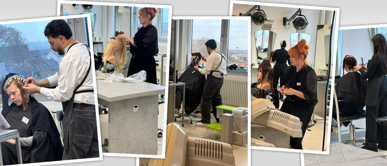 Collage mit fünf Bildern aus der Friseur-Meisterprüfung