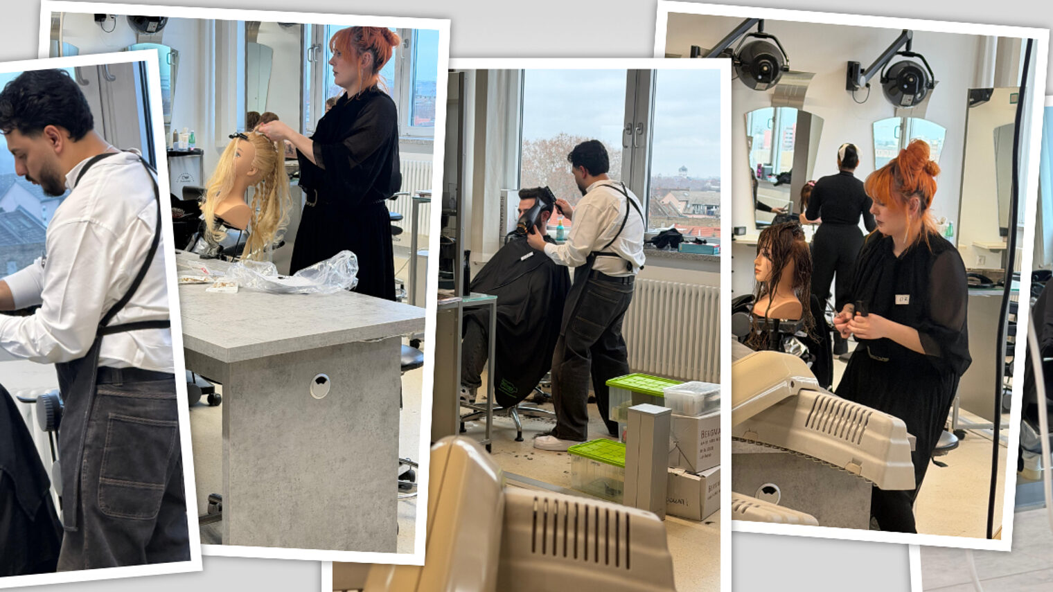 Collage mit fünf Bildern aus der Friseur-Meisterprüfung