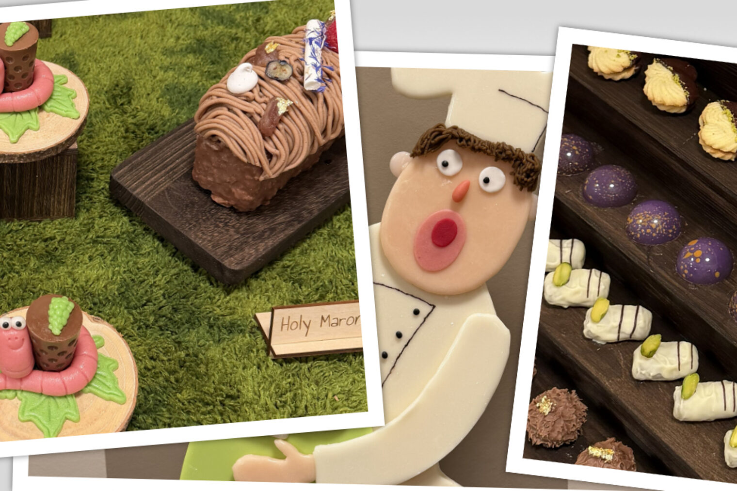 Drei Bilder, die süße Kreationen der Meisterprüflinge zeigen