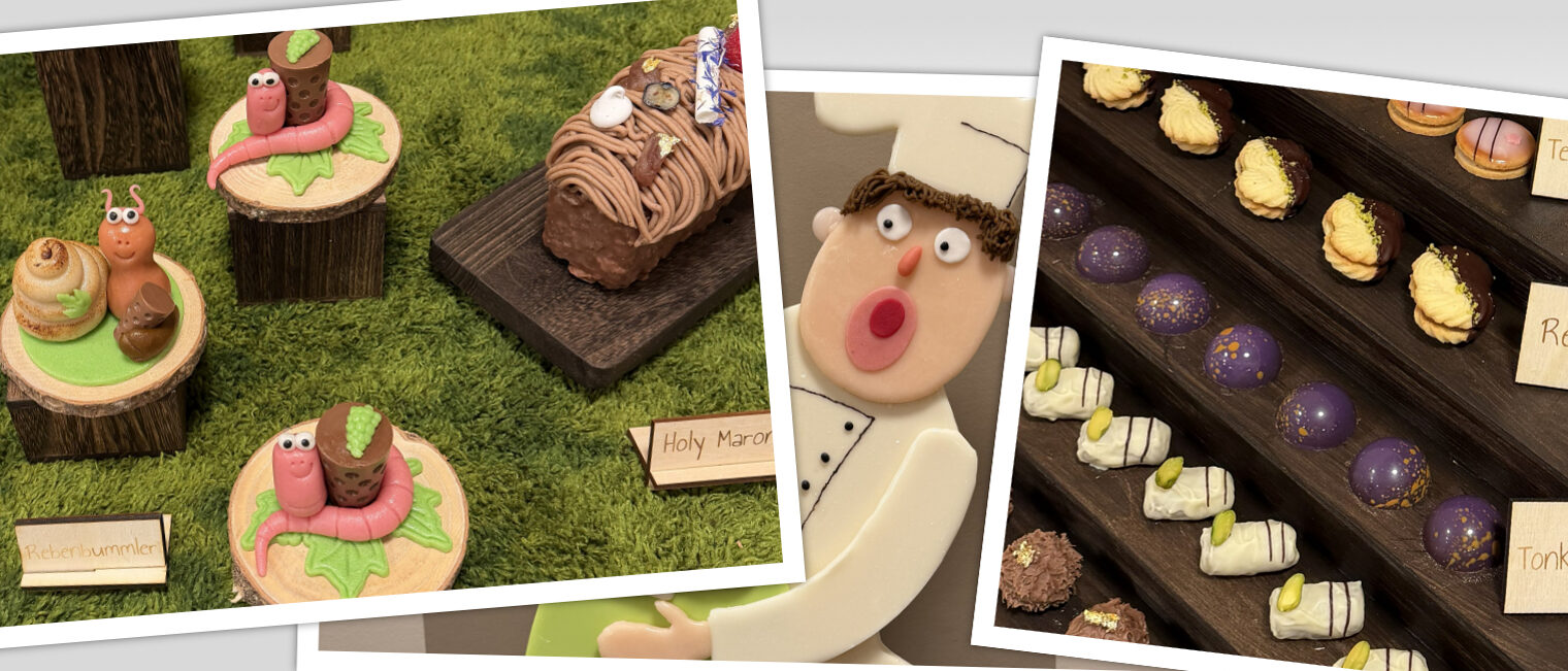 Drei Bilder, die süße Kreationen der Meisterprüflinge zeigen