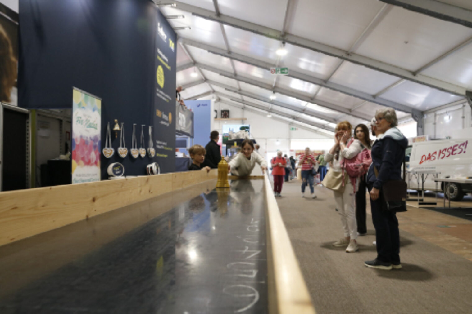 Besucherinnen beweisen Geschicklichkeit bei der Inter-Versicherung in der Handwerkshalle auf dem Maimarkt Mannheim