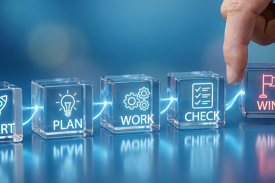 Reihe von 5 transparenten Würfeln, jeweils mit Aufschrift "Start", "Plan", "Work", "Check" und "Win" sowie einem passenden grafischen Symbol, den rechten Würfel greifen Finger