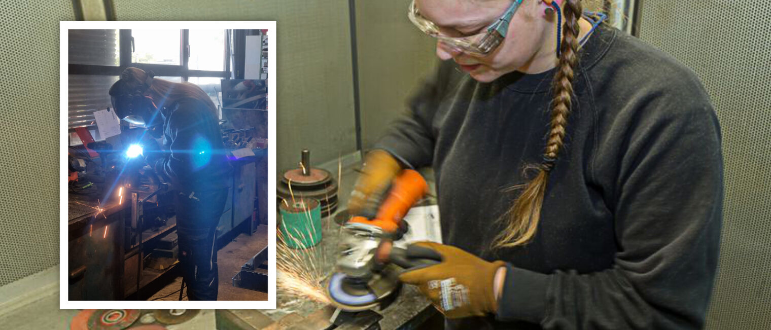 Eine Frau mit der Flex am bearbeiten eines Metallstücks im Schraubstock