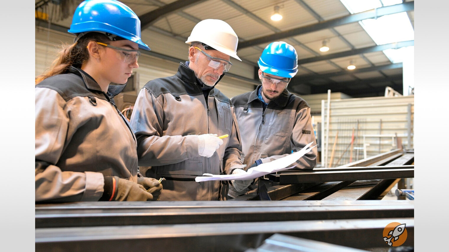 3 Handwerker mit einem Helm schauen sich eine Skizze an