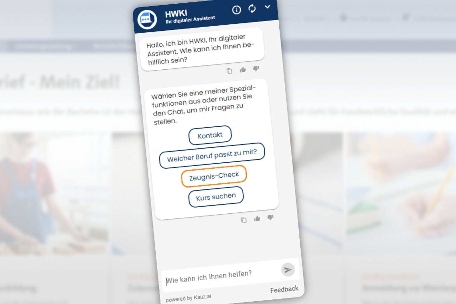 Screenshot des HWKI-Chatbot-Widgets der Handwerkskammer mit Begrüßungstext und den Auswahlbuttons Kontakt, Welcher Beruf passt zu mir?, Zeugnis-Check und Kurs suchen
