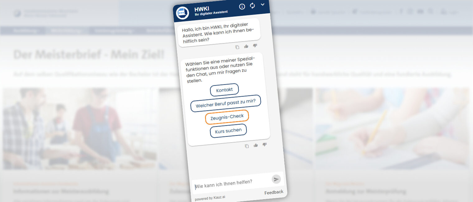 Screenshot des HWKI-Chatbot-Widgets der Handwerkskammer mit Begrüßungstext und den Auswahlbuttons Kontakt, Welcher Beruf passt zu mir?, Zeugnis-Check und Kurs suchen