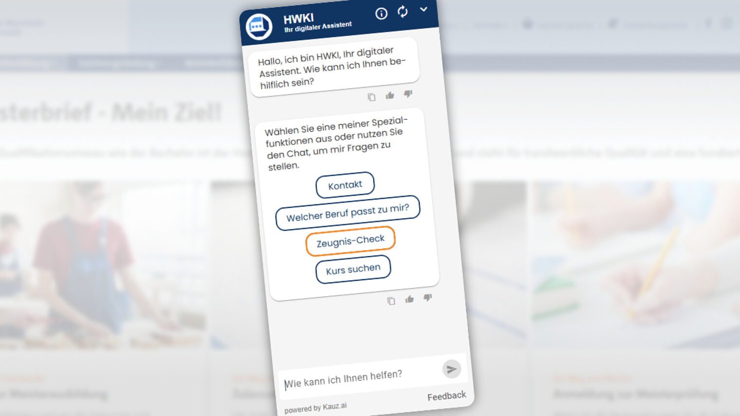 Screenshot des HWKI-Chatbot-Widgets der Handwerkskammer mit Begrüßungstext und den Auswahlbuttons Kontakt, Welcher Beruf passt zu mir?, Zeugnis-Check und Kurs suchen