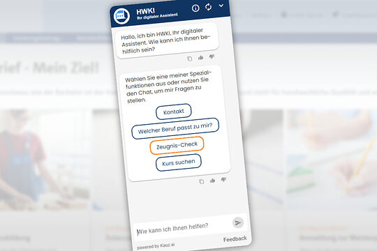 Screenshot des HWKI-Chatbot-Widgets der Handwerkskammer mit Begrüßungstext und den Auswahlbuttons Kontakt, Welcher Beruf passt zu mir?, Zeugnis-Check und Kurs suchen