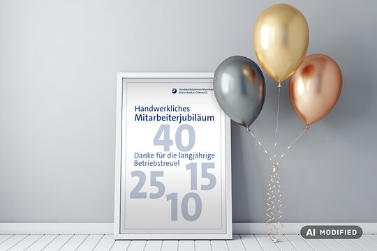 Ein Bilderrahmen mit den Zahlen 10, 15, 25, 40 und dem Titel: Handwerkliches Mitarbeiterjubiläum und Luftballons in Farben Bronze, Silber und Gold