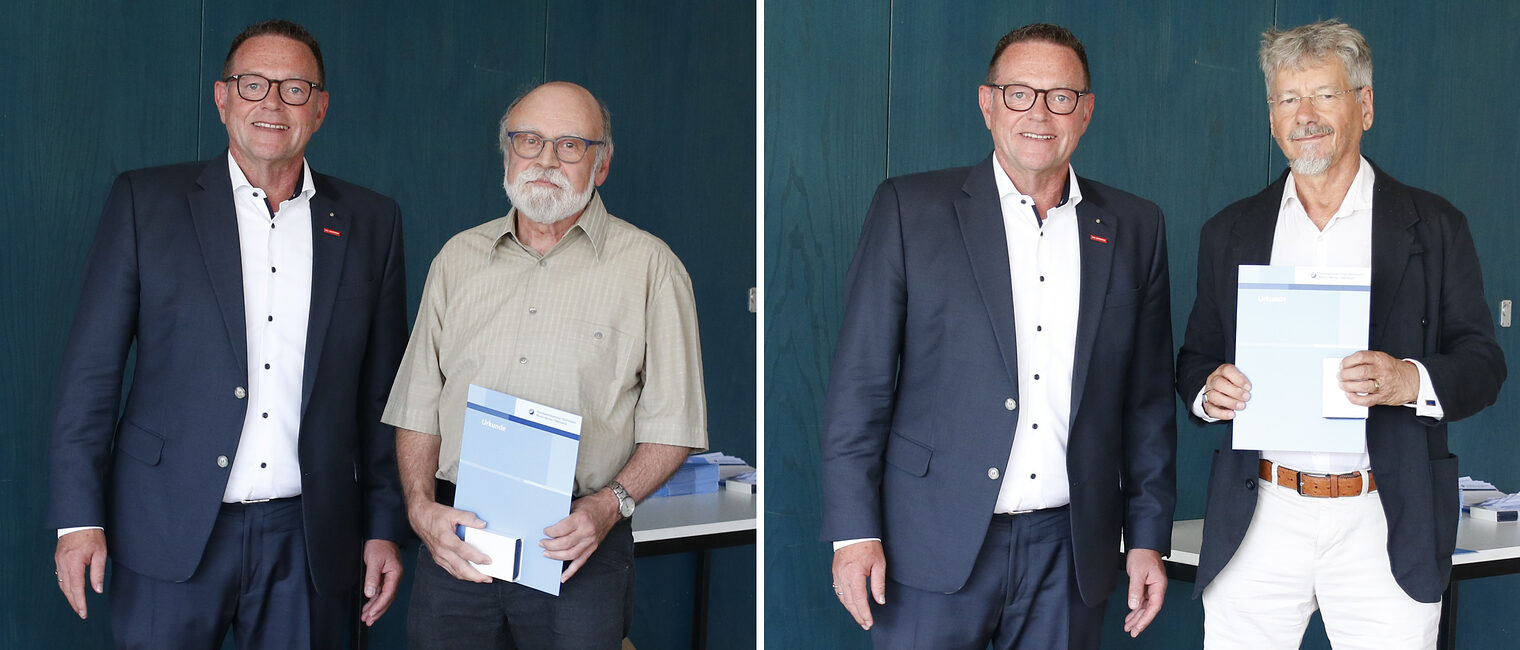 Werner Lamadé und Hans Töpfer, die von Kammerpräsident Klaus Hofmann die Verdienstnadel erhielten. 