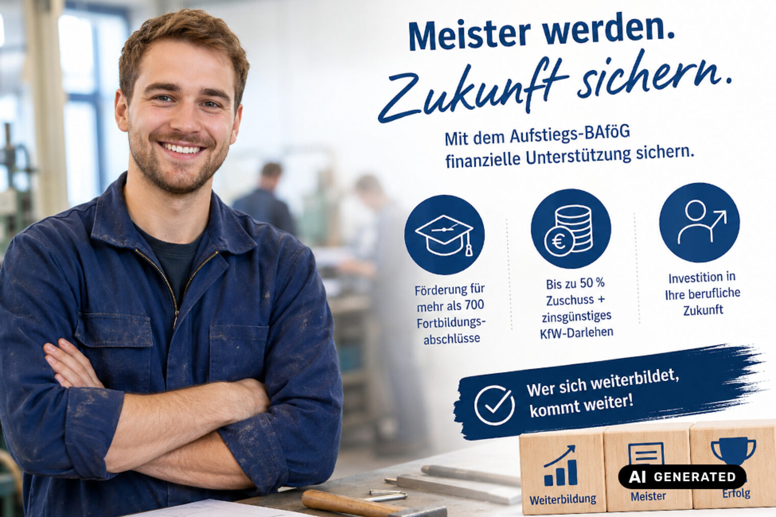Lächelnder Handwerker vor Werkstatt. Headline „Meister werden. Zukunft sichern." Aufstiegs-BAföG: Förderung für 700+ Abschlüsse, bis 50 % Zuschuss plus KfW-Darlehen. Slogan „Wer sich weiterbildet, kommt weiter!"