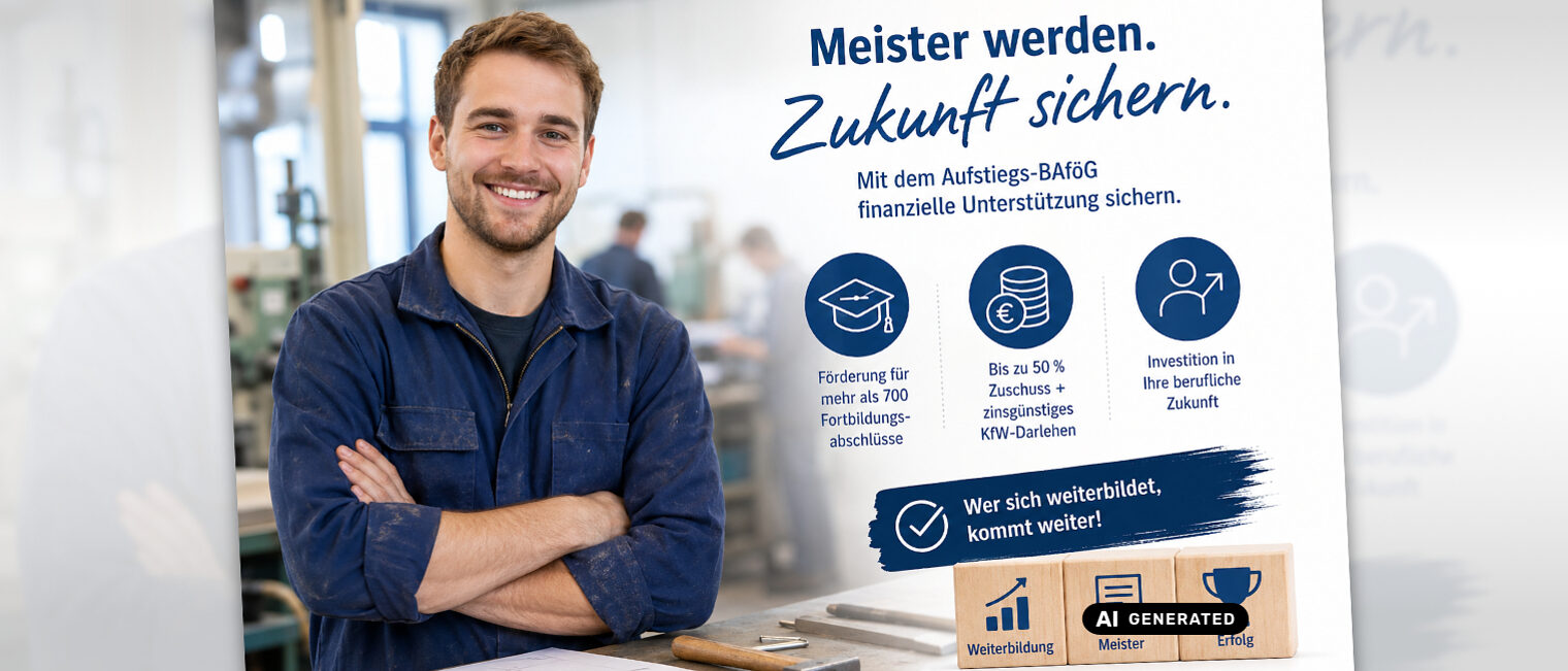 Lächelnder Handwerker vor Werkstatt. Headline „Meister werden. Zukunft sichern." Aufstiegs-BAföG: Förderung für 700+ Abschlüsse, bis 50 % Zuschuss plus KfW-Darlehen. Slogan „Wer sich weiterbildet, kommt weiter!"