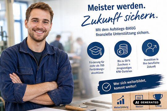Lächelnder Handwerker vor Werkstatt. Headline „Meister werden. Zukunft sichern." Aufstiegs-BAföG: Förderung für 700+ Abschlüsse, bis 50 % Zuschuss plus KfW-Darlehen. Slogan „Wer sich weiterbildet, kommt weiter!"