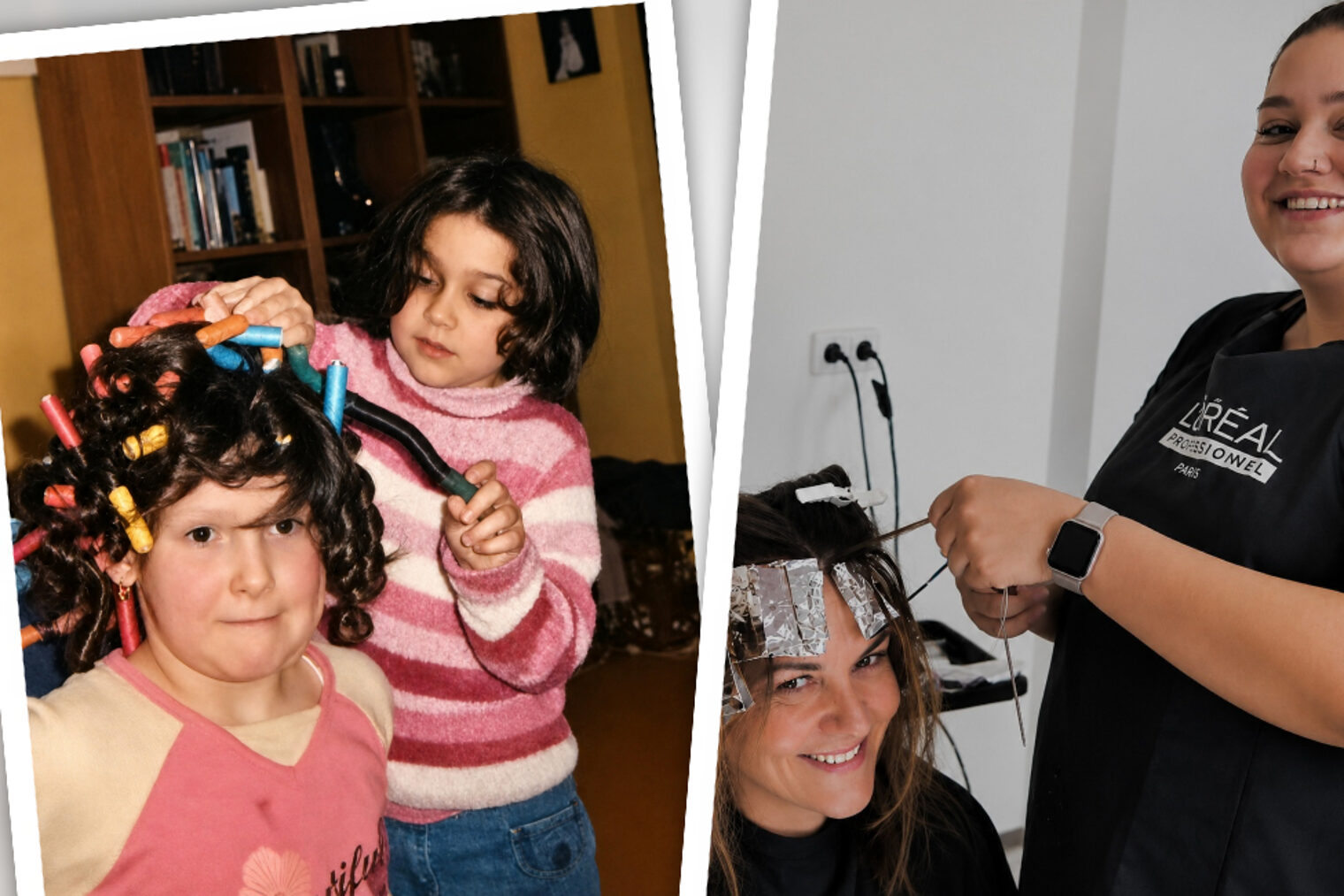 Bildcollage: Links frisiert die junge Alessia Kanzler als Kind ihrer Freundin die Haare mit bunten Lockenwicklern, rechts arbeitet sie als ausgebildete Friseurmeisterin im Salon und legt einer Kundin Strähnen mit Alufolie.