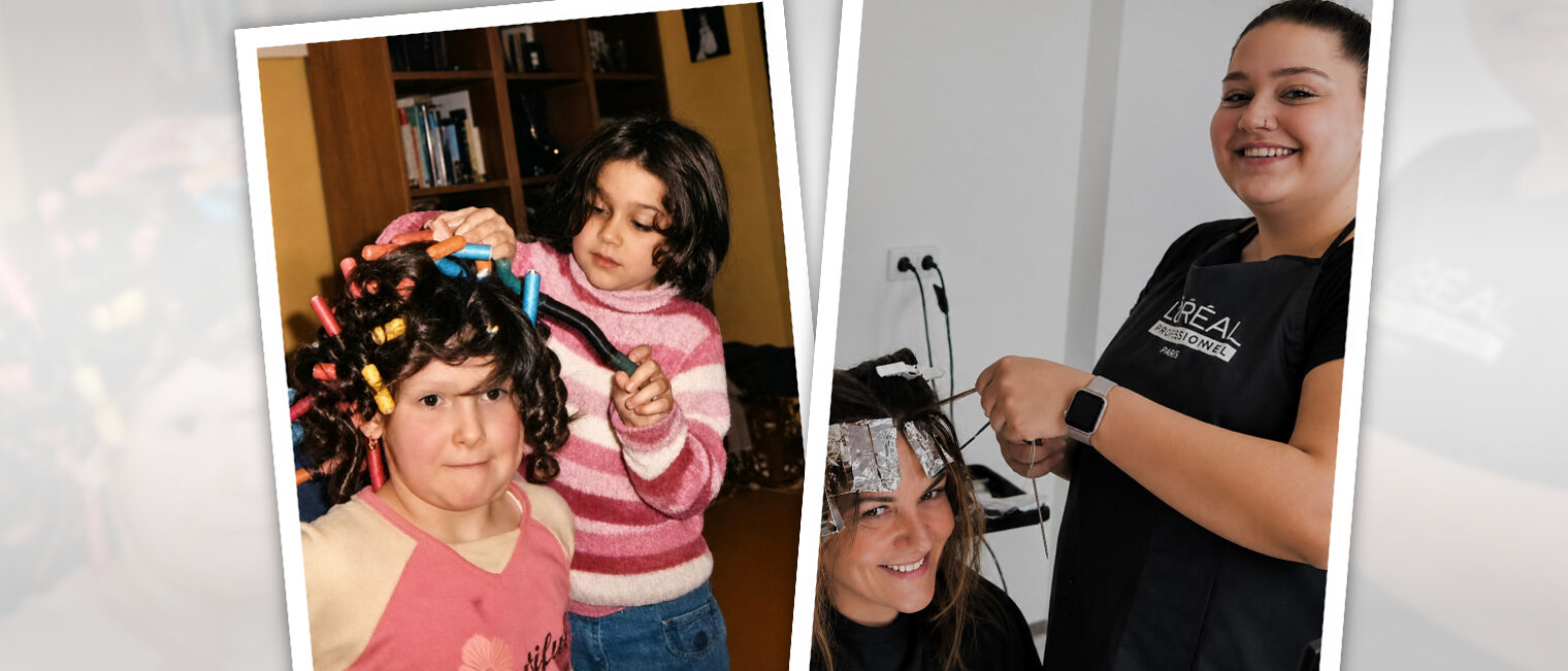 Bildcollage: Links frisiert die junge Alessia Kanzler als Kind ihrer Freundin die Haare mit bunten Lockenwicklern, rechts arbeitet sie als ausgebildete Friseurmeisterin im Salon und legt einer Kundin Strähnen mit Alufolie.